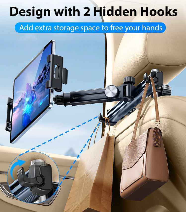 Tablet Holder Mount for Car Headrest Back Seat 360 Rotate Phone Stand Long Arm Adjustable with 2 Hook Fit for 4.7-12 Device